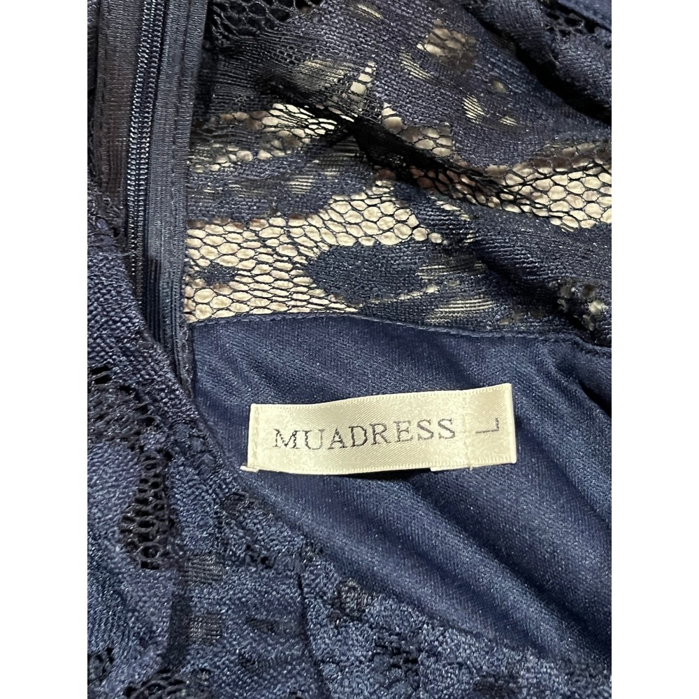 Muadress Navy Blue Lace High Low Dress Sleeveless Sheer Wedding Formal Sz Large - Picture 6 of 8